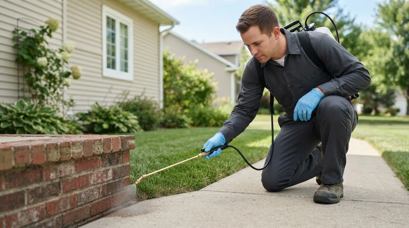 Pest control technician treating a home near Conway, NH